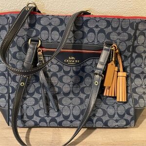Coach Denim/Red Detail Shoulder Bag with Signature Design. Brand new w/o tags.